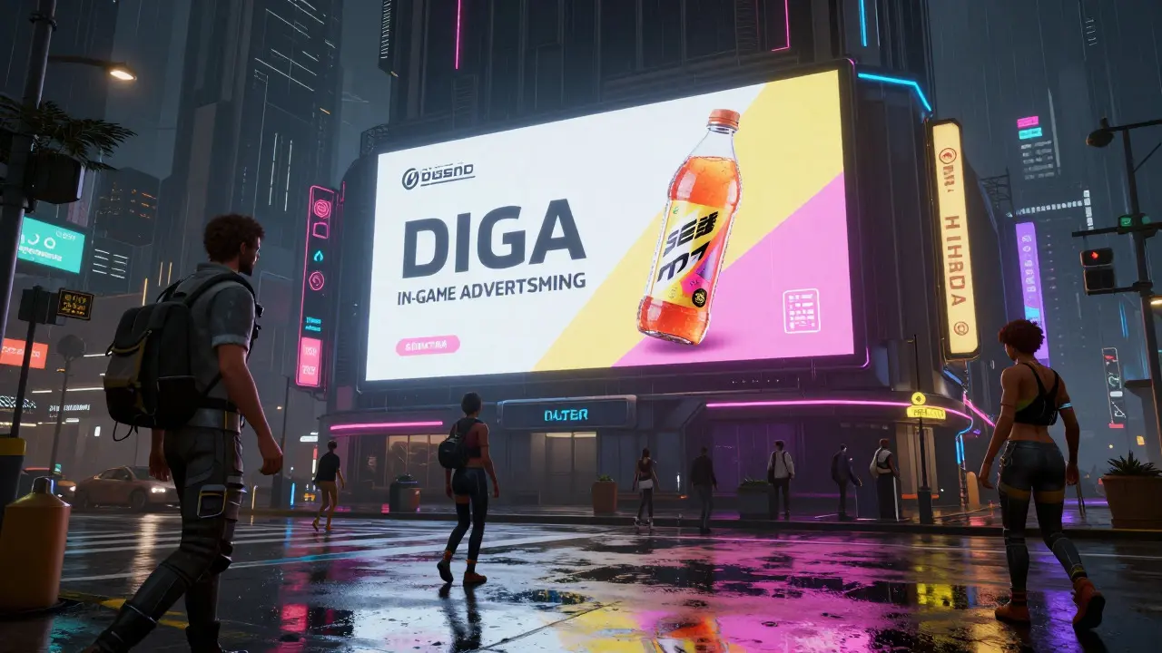 Placa publicitária dinâmica em uma rua futurista de um jogo de vídeo