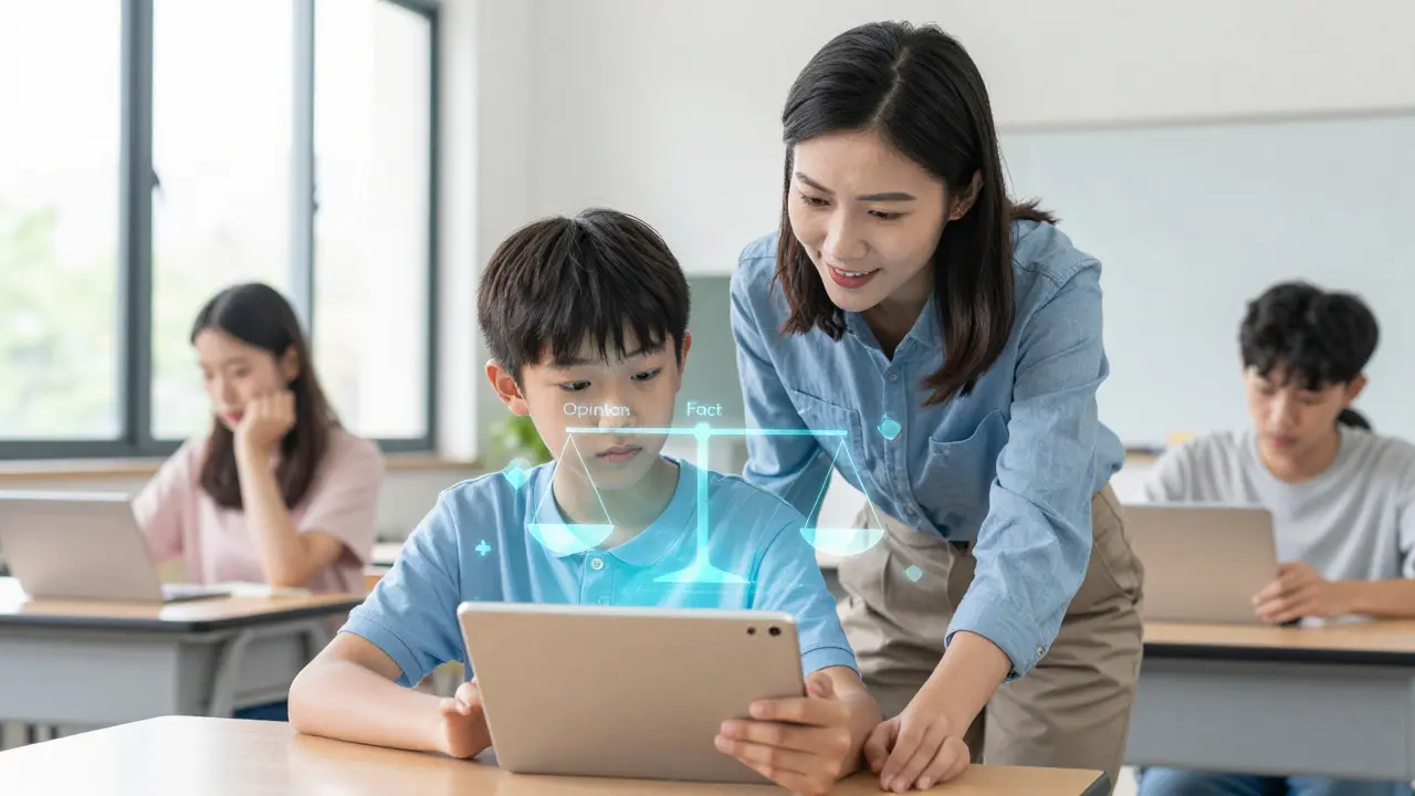 Professor e aluno discutindo verificação de fatos com tecnologia educativa