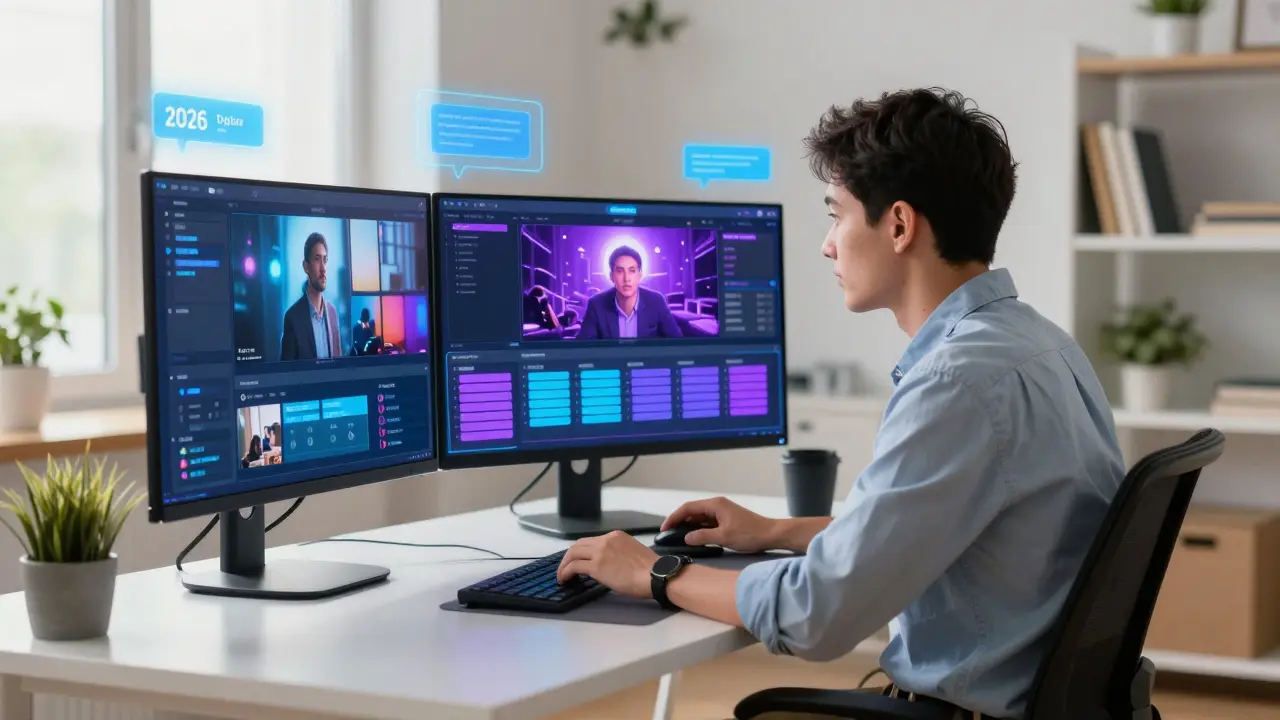 Profissional analisando dados e criando conteúdo com interfaces holográficas