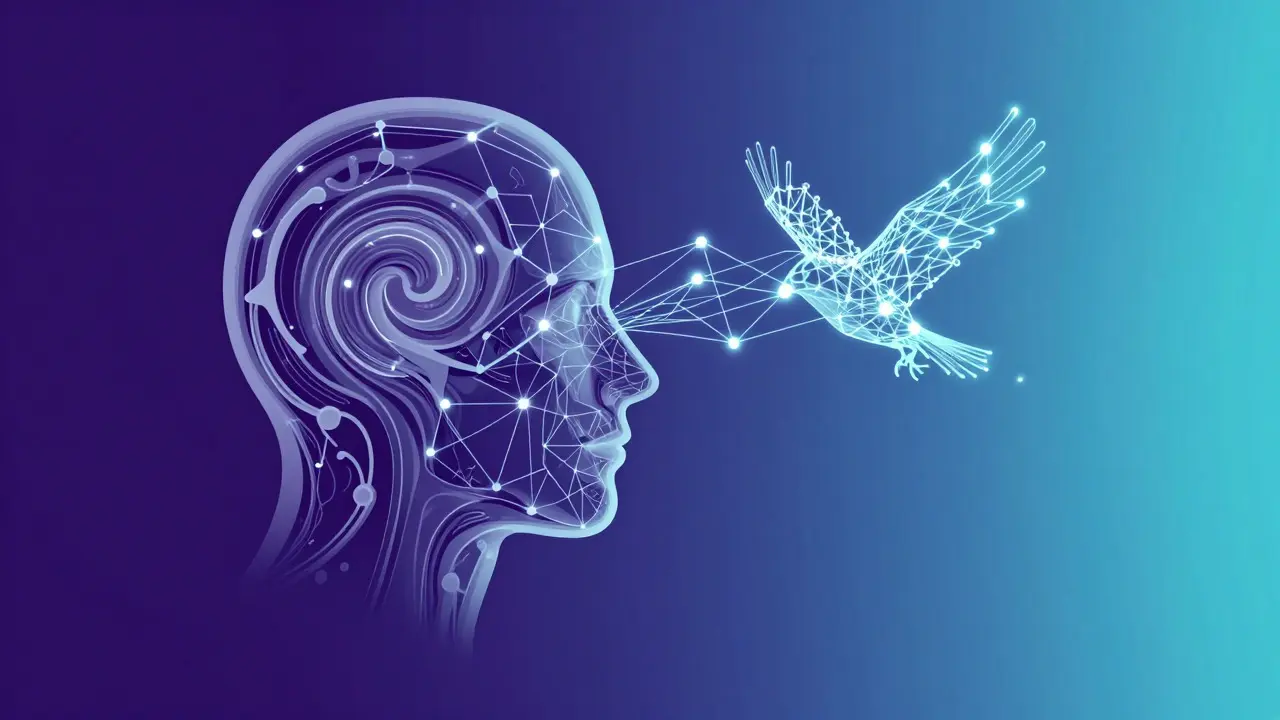 Arte conceptual da fusão entre perfil humano e estrutura algorítmica