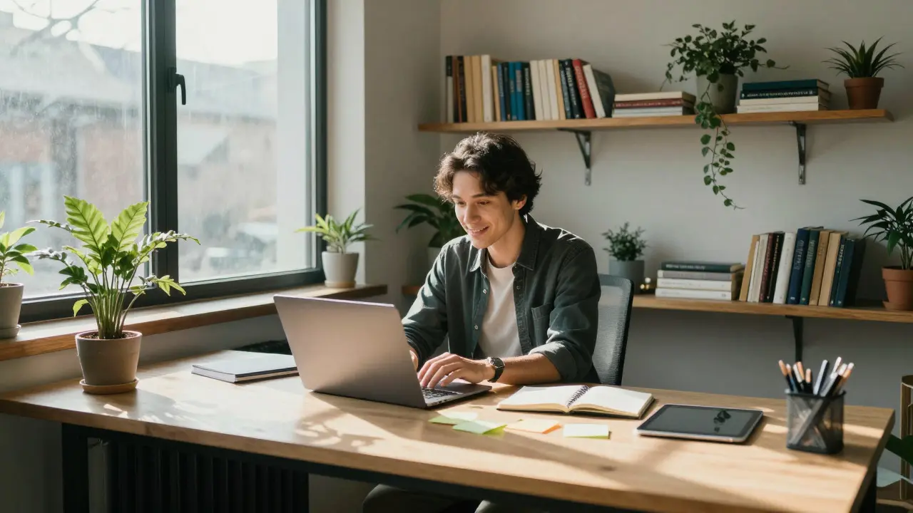 Business owner analyzing marketing data on a laptop in a sunlit office
