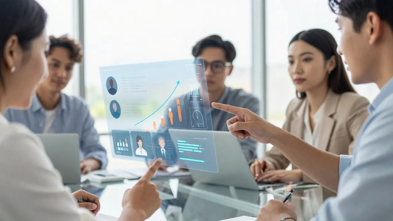 Equipa de marketing analisando dados visuais numa mesa