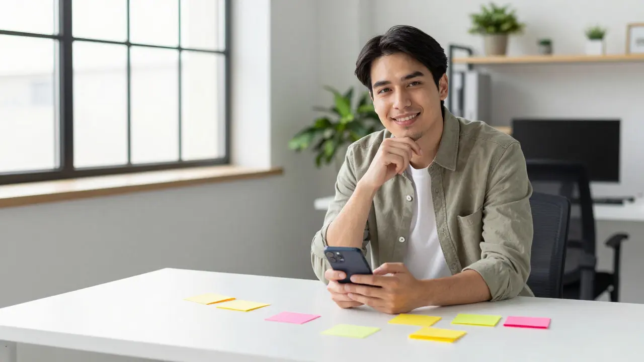 Gestor de comunidade com telemóvel em escritório minimalista