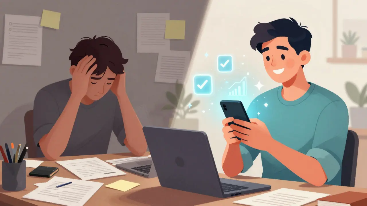 Ilustração comparativa entre criação de conteúdo manual caótica e assistida por IA