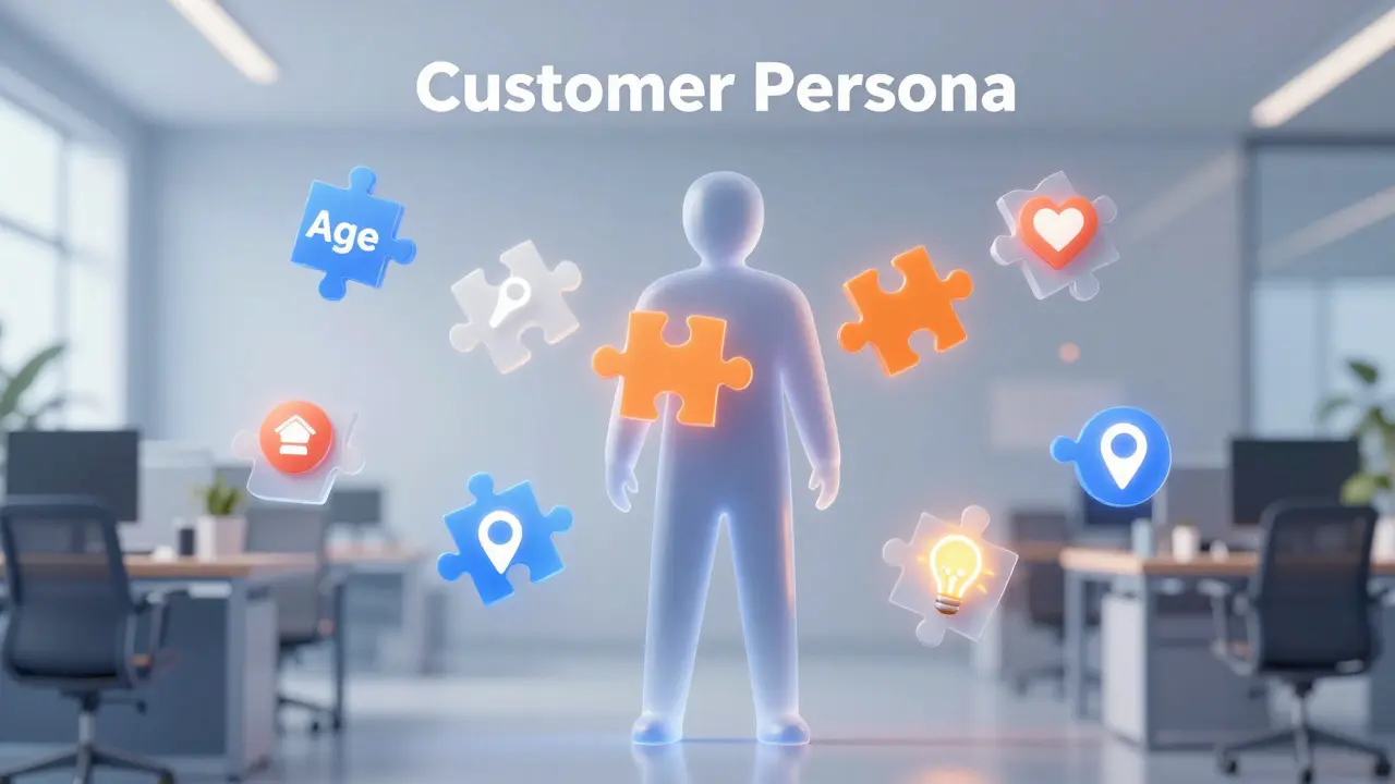 Ilustração conceitual da criação de uma persona de cliente com dados demográficos.