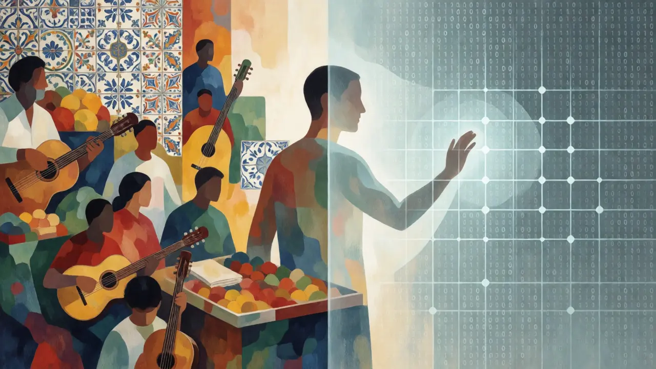 Ilustração conceptual mostrando a curadoria humana entre cultura portuguesa e algoritmos digitais.
