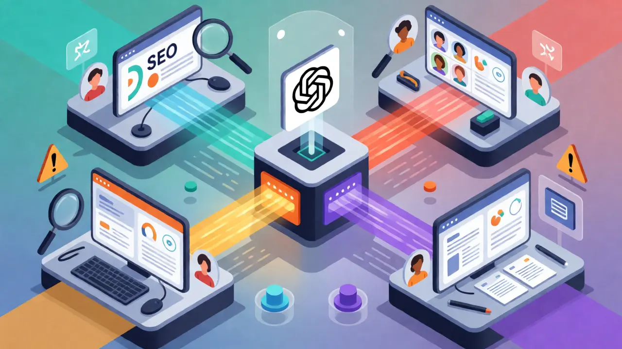 Ilustração isométrica de fluxo de trabalho de marketing digital com IA distribuindo tarefas para diferentes áreas.