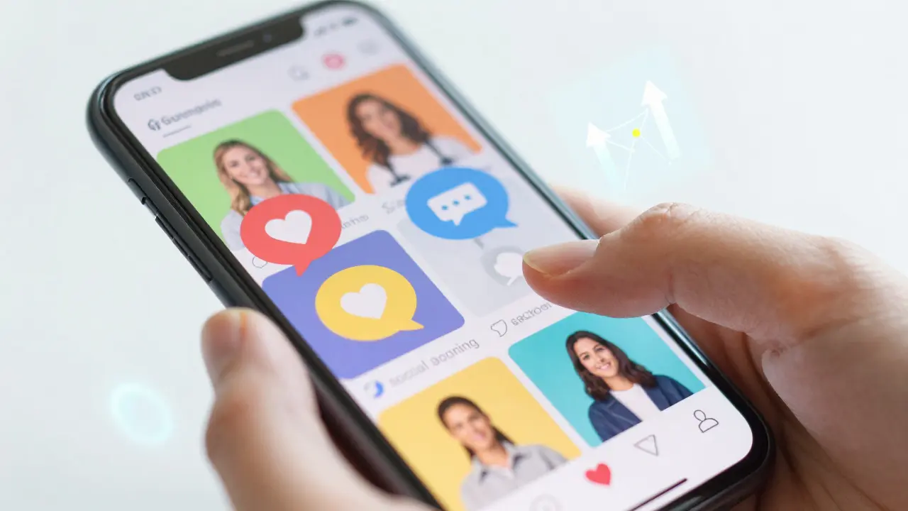Mão a interagir com redes sociais no telemóvel, simbolizando engajamento digital.