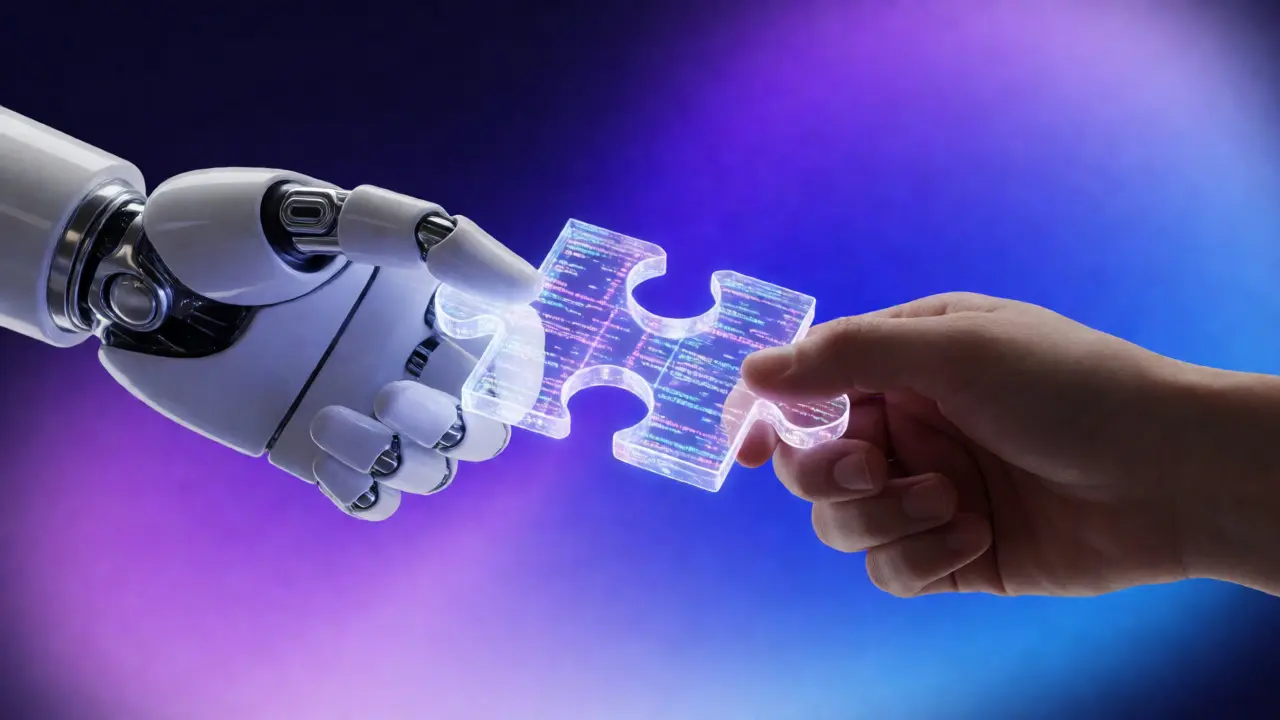 Mão humana e mão robótica trocando peça de quebra-cabeça luminosa, simbolizando colaboração IA-humano.