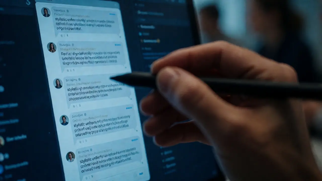 Pesquisador analisa comentários de redes sociais com padrões repetitivos num ecrã digital.