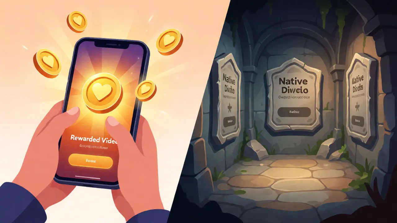 Ilustração comparando anúncios recompensados e nativos em jogos