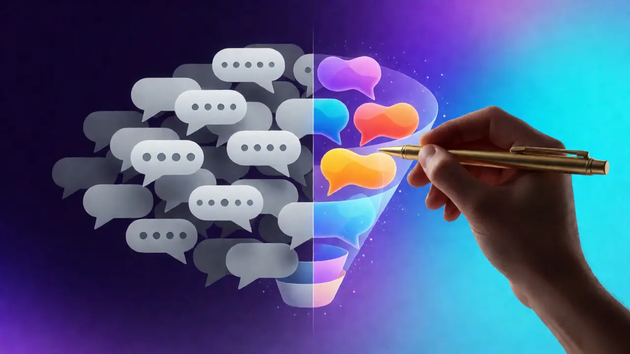 Ilustração conceptual de mão humana refinando ideias de IA